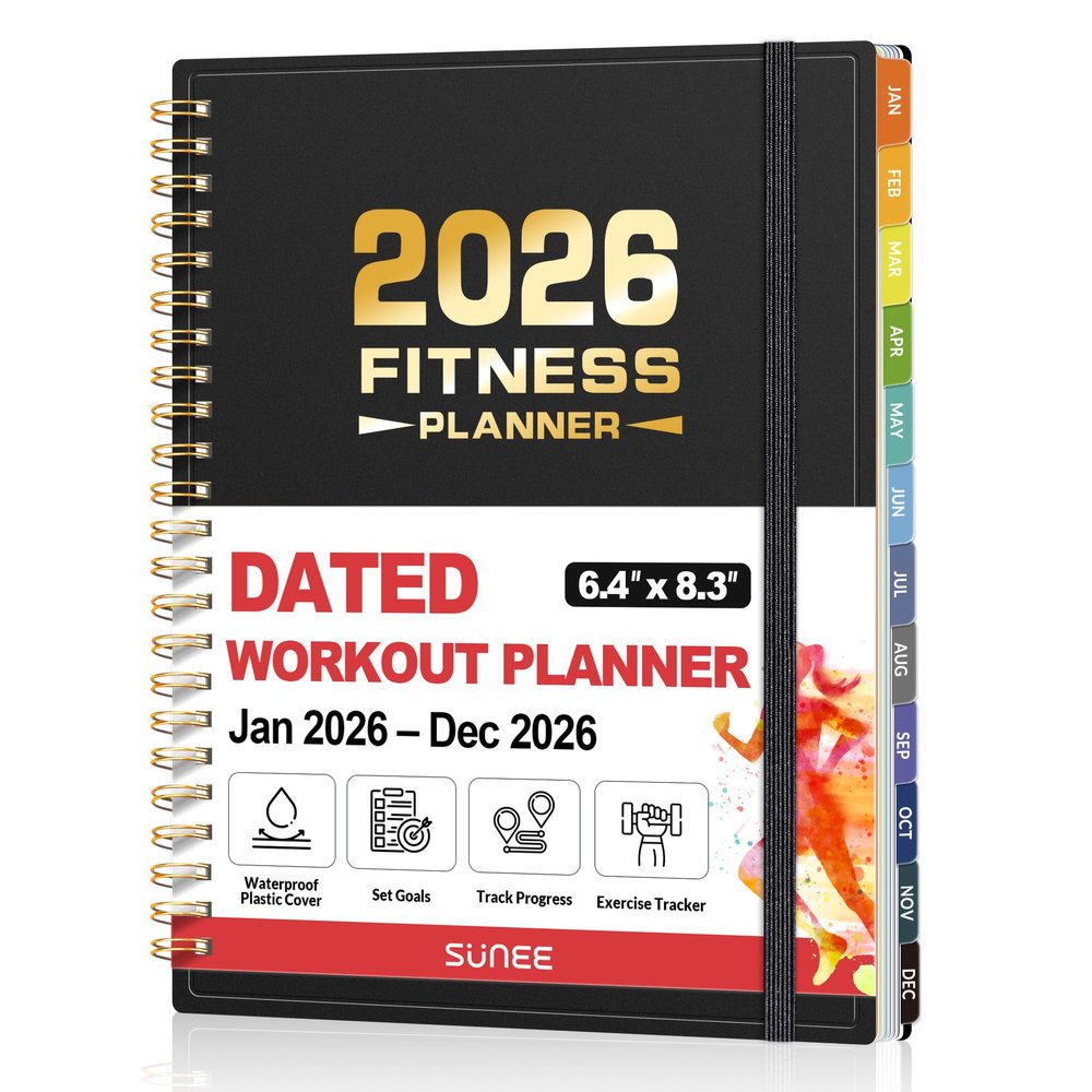 2026 Fitness Workout Journal Planner for Women & Men, JAN 2026 - DEC 2026 Exercise Planner, 6.4" x 8.3" Workout Calendar Journal Essentials Gift for Goals, Tracking, Gifts with PVC Plastic Cover,Black