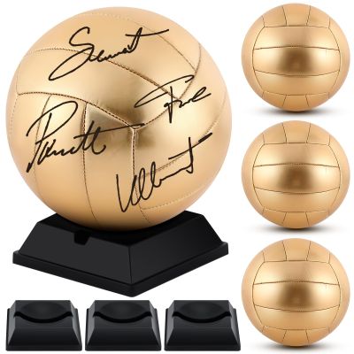 Hiboom 4 Pcs Gold Autograph Volleyball with Display Stand Air Pump Size 5 Volleyball for Trophies High School College Anniversary Coaching Gift Awards Championship Party