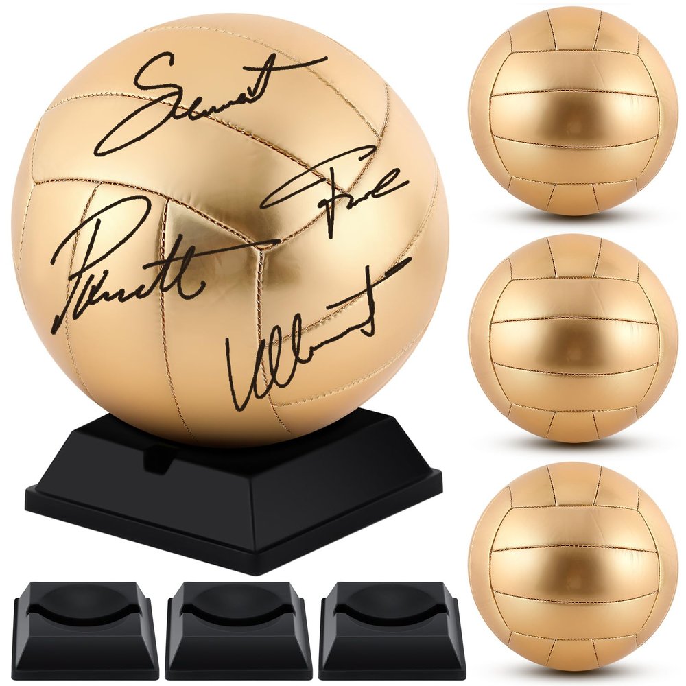Hiboom 4 Pcs Gold Autograph Volleyball with Display Stand Air Pump Size 5 Volleyball for Trophies High School College Anniversary Coaching Gift Awards Championship Party