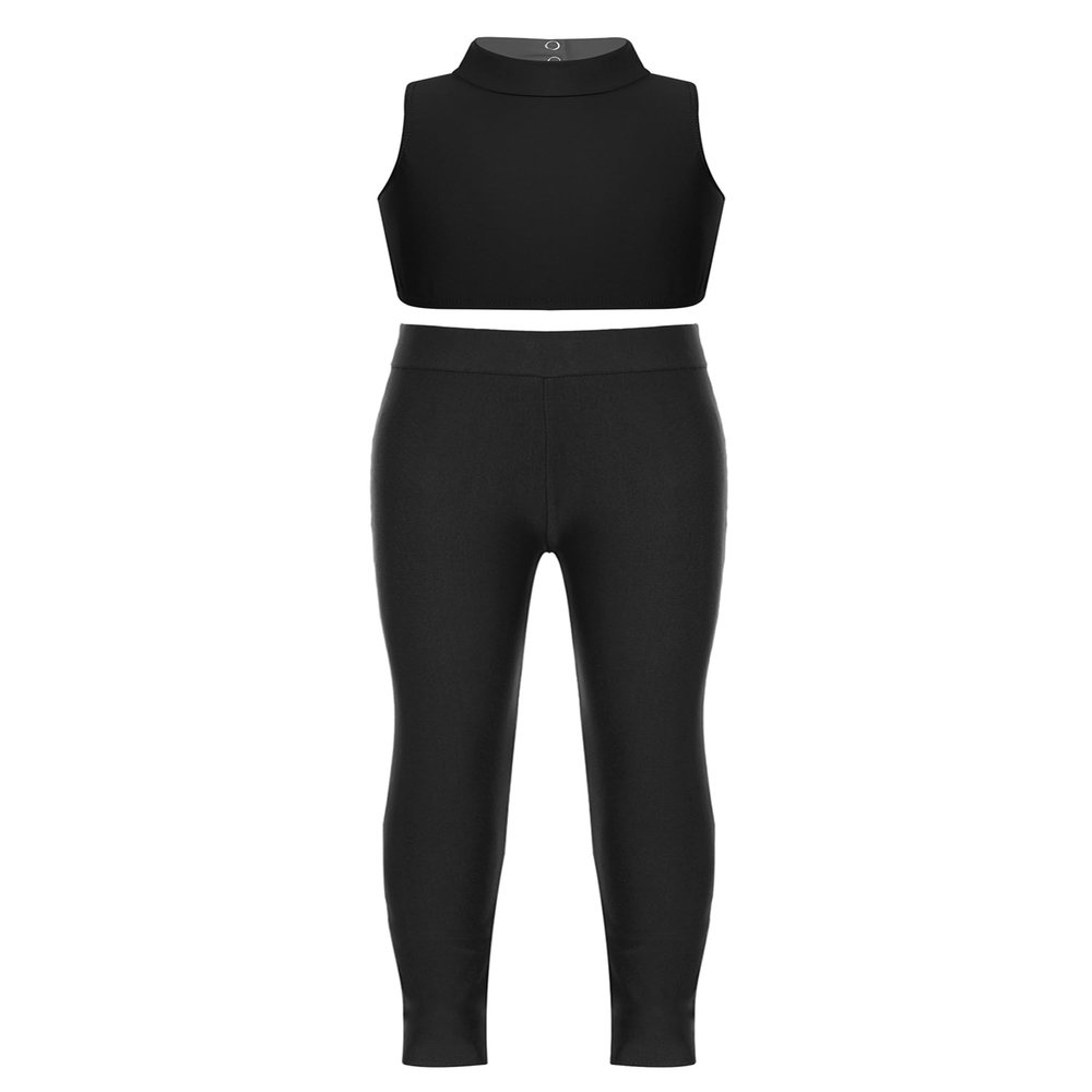Hedmy Girls 2 Piece Sport Dance Outfit Mock Neck Crop Tank Top with Athletic Leggings Set Gymnastics Tracksuit Black 8 Years