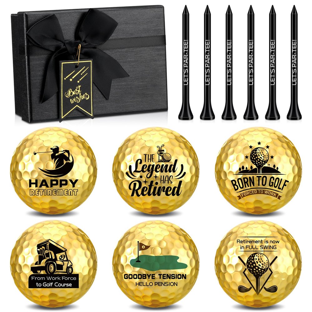 Arrowbash 6 Pack Retirement Golf Balls with Tees and Gift Box Funny Retirement Gifts for Dad Coworkers Golfers Husband (Gold,Classic Style)