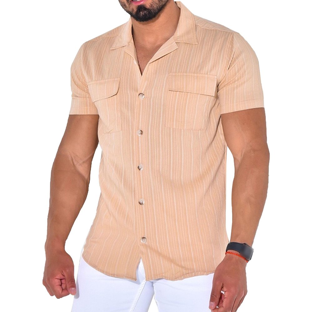 Maiyifu-GJ Men's Summer Casual Shirts Lightweight Cotton Linen Button Down Shirts Short Sleeve Dress Shirt with Pocket (Light Orange,Medium)