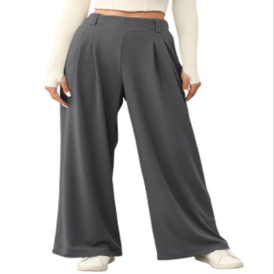 EVALESS Womens Wide Leg Fleece Lined Pants Business Work Casual Trousers 2025 Fall Winter Loose Fit High Waisted Flowy Pants for Women Waffle Knit Warm Slacks with Pockets Dark Grey Medium