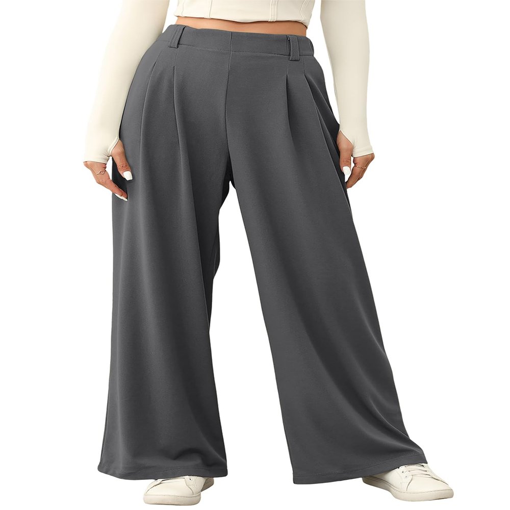 EVALESS Womens Wide Leg Fleece Lined Pants Business Work Casual Trousers 2025 Fall Winter Loose Fit High Waisted Flowy Pants for Women Waffle Knit Warm Slacks with Pockets Dark Grey Medium