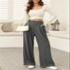EVALESS Womens Wide Leg Fleece Lined Pants Business Work Casual Trousers 2025 Fall Winter Loose Fit High Waisted Flowy Pants for Women Waffle Knit Warm Slacks with Pockets Dark Grey Medium view 3