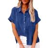 Cotton Womens Tops,Deals of The Day Clearance Prime,Womens Button Down Cotton Linen Shirts V Neck Roll Up Short Sleeve Blouses Loose Collared Shirt Summer Casual Work Tops,1-Dark Blue,4X-Large view 1