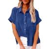 Cotton Womens Tops,Deals of The Day Clearance Prime,Womens Button Down Cotton Linen Shirts V Neck Roll Up Short Sleeve Blouses Loose Collared Shirt Summer Casual Work Tops,1-Dark Blue,4X-Large view 2