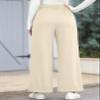 EVALESS Wide Leg Fleece Lined Pants for Women Elastic High Waisted Business Work Casual Waffle Knit Trousers 2025 Fall Winter Trendy Palazzo Pants Slacks with Pockets Petite Beige Small view 2