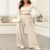 EVALESS Wide Leg Fleece Lined Pants for Women Elastic High Waisted Business Work Casual Waffle Knit Trousers 2025 Fall Winter Trendy Palazzo Pants Slacks with Pockets Petite Beige Small view 3