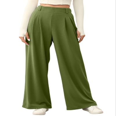 EVALESS Womens Wide Leg Fleece Lined Pants Business Work Casual Trousers 2025 Fall Winter Loose Fit High Waisted Flowy Pants for Women Waffle Knit Warm Slacks with Pockets Green Medium