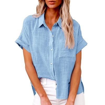 100% Cotton Tops for Women,Prime The Day Deals Today 2024,Womens Button Down Cotton Linen Shirts V Neck Roll Up Short Sleeve Blouses Loose Collared Shirt Summer Casual Work Tops,3-Bu2,Large