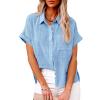 100% Cotton Tops for Women,Prime The Day Deals Today 2024,Womens Button Down Cotton Linen Shirts V Neck Roll Up Short Sleeve Blouses Loose Collared Shirt Summer Casual Work Tops,3-Bu2,Large view 3