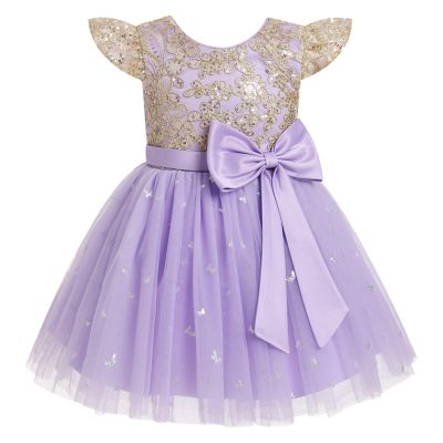 IBTOM CASTLE Baby Girl Birthday Party Dress: Toddler Princess Tulle Tutu Dresses Fairy Flutter Sleeve Floral Sequins Butterfly Glitters Bridesmaid Wedding Pageant Dance Ball Gown Purple 12-18 Months