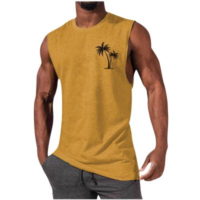 NineFit Basics Mens Muscle Tank Tops 2024 Summer Trendy Palm Print Beach Casual Sleeveless T-Shirts Gym Bodybuilding Athletic Blouse, X-Large, A01_yellow
