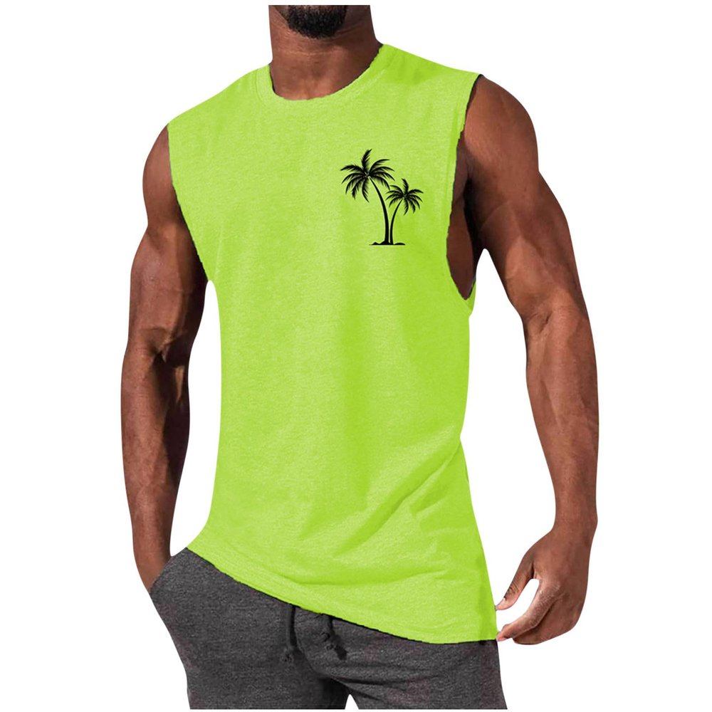 Mens Muscle Tank Tops 2024 Summer Trendy Palm Print Beach Casual Sleeveless T-Shirts Gym Bodybuilding Athletic Blouse, Small, A01_Mint Green