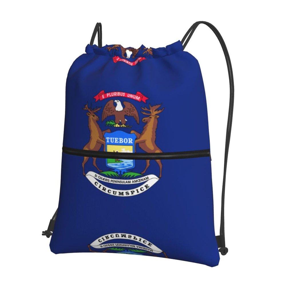 NOUZU Michigan State Flag Print Sports Drawstring Backpack For Women With Zipper Pockets Lightweight Travel Gym Bag, Black
