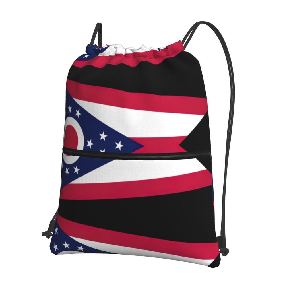 NOUZU Ohio State Flag Print Sports Drawstring Backpack For Women With Zipper Pockets Lightweight Travel Gym Bag, Black