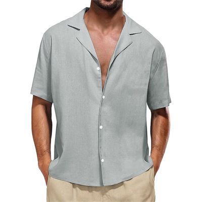 Maiyifu-GJ Mens Lightweight Casual Linen Shirts Summer Short Sleeve Button Down Shirts Business Formal Slim Fit Dress Shirt (Grey,X-Large)