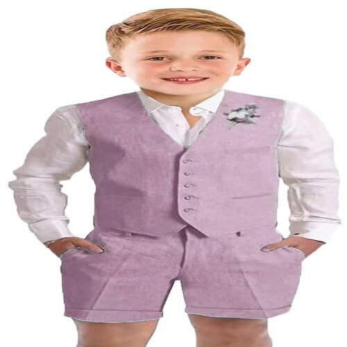Szzmmer Kids Linen Suit Lavender Slim Fit Suits for Little Boys 2 Piece Tuxedo Summer Beach Wedding Outfit Lightweight Vest Shorts Set Size 5