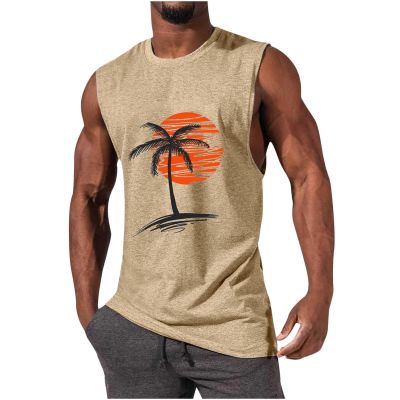 NineFit Basics Mens Muscle Tank Tops 2024 Summer Trendy Palm Print Beach Casual Sleeveless T-Shirts Gym Bodybuilding Athletic Blouse, XX-Large, A05_khaki
