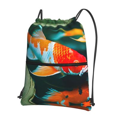 NOUZU Pretty Koi Fish Print Sports Drawstring Backpack For Women With Zipper Pockets Lightweight Travel Gym Bag, Black