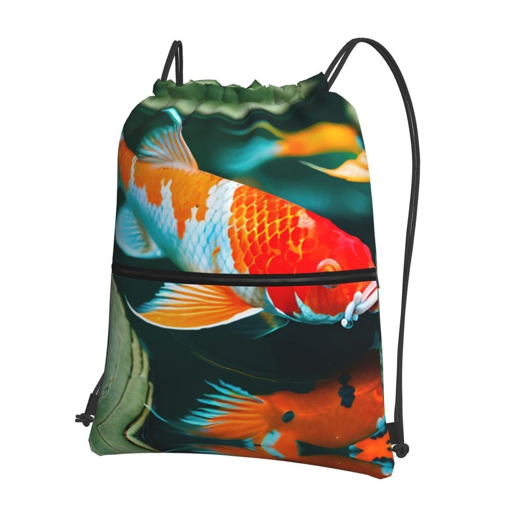 NOUZU Pretty Koi Fish Print Sports Drawstring Backpack For Women With Zipper Pockets Lightweight Travel Gym Bag, Black