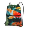NOUZU Pretty Koi Fish Print Sports Drawstring Backpack For Women With Zipper Pockets Lightweight Travel Gym Bag, Black view 1