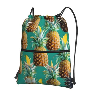 NOUZU Tropical Pineapple Hawaiian Print Sports Drawstring Backpack For Women With Zipper Pockets Lightweight Travel Gym Bag, Black