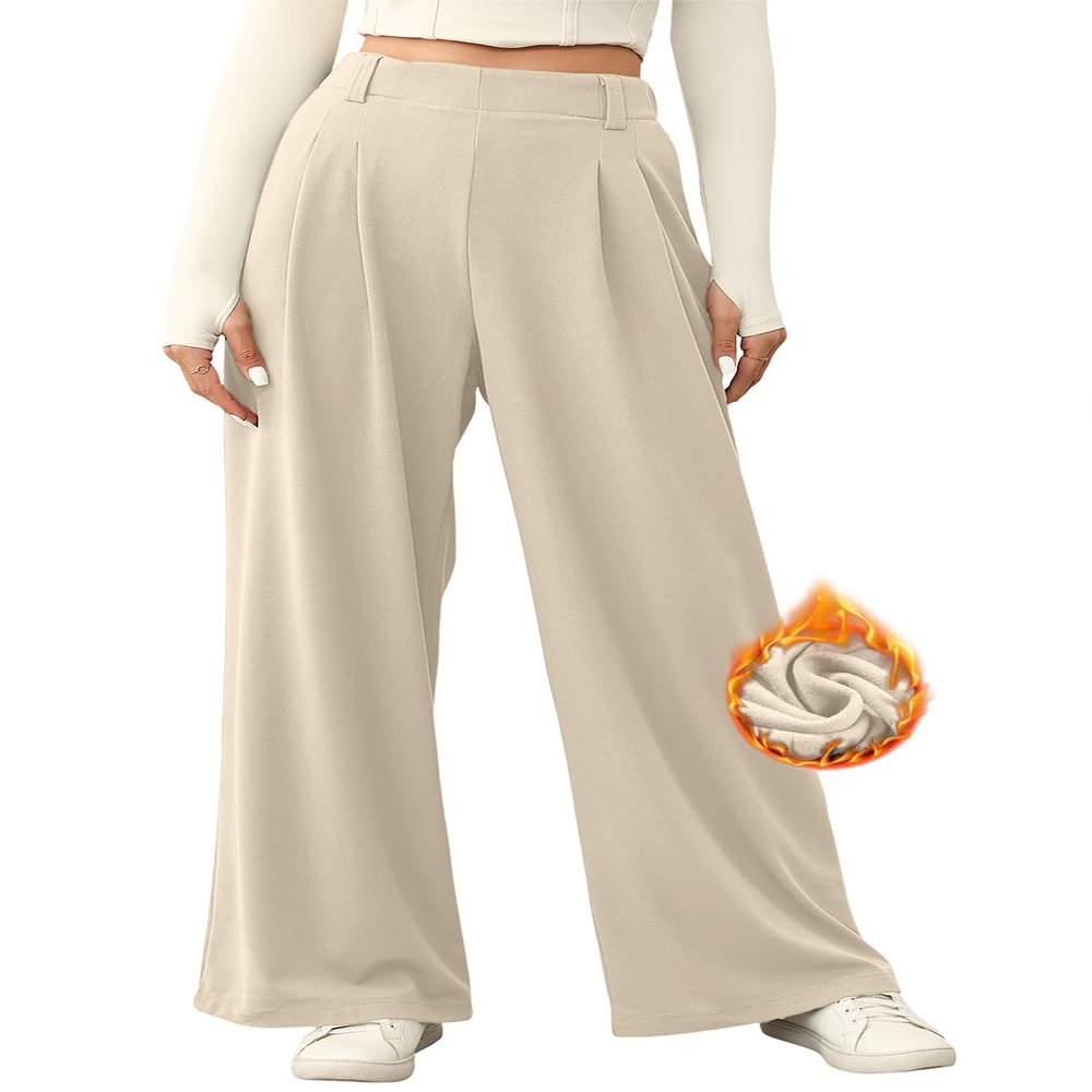 EVALESS Wide Leg Palazzo Pants for Women High Waisted Business Work Casual Fleece Lined Flowy Trousers Fall Winter Office Dressy Plain Waffle Knit Warm Pants with Pockets Beige Large