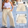 EVALESS Wide Leg Palazzo Pants for Women High Waisted Business Work Casual Fleece Lined Flowy Trousers Fall Winter Office Dressy Plain Waffle Knit Warm Pants with Pockets Beige Large view 4