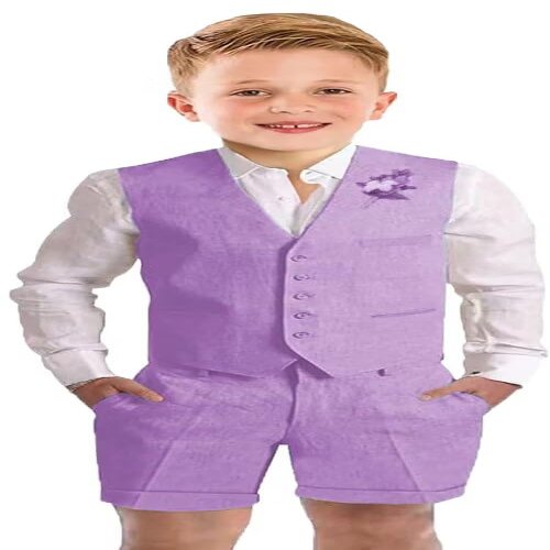 Boy's Linen Suit Formal Slim Fit Short Kids Suits for Boy 2 Piece Summer Lightweight Wedding Outfit Boys Vest Pants Set Purple Size 5