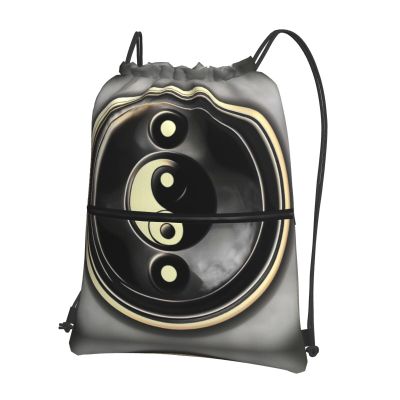 NOUZU Yin-Yang Pattern Print Sports Drawstring Backpack For Women With Zipper Pockets Lightweight Travel Gym Bag, Black