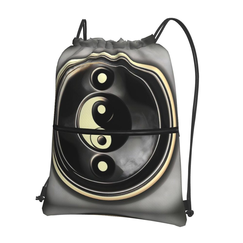 NOUZU Yin-Yang Pattern Print Sports Drawstring Backpack For Women With Zipper Pockets Lightweight Travel Gym Bag, Black