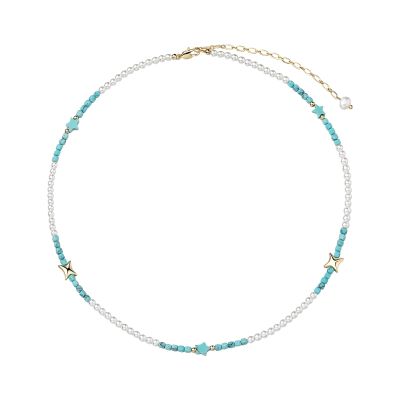 Fivoilin Pearl Necklace for Women, Dainty Turquoise Beaded Necklace, Handmade Tiny Pearl Choker Necklace Cute Trendy Summer Jewelry for Her