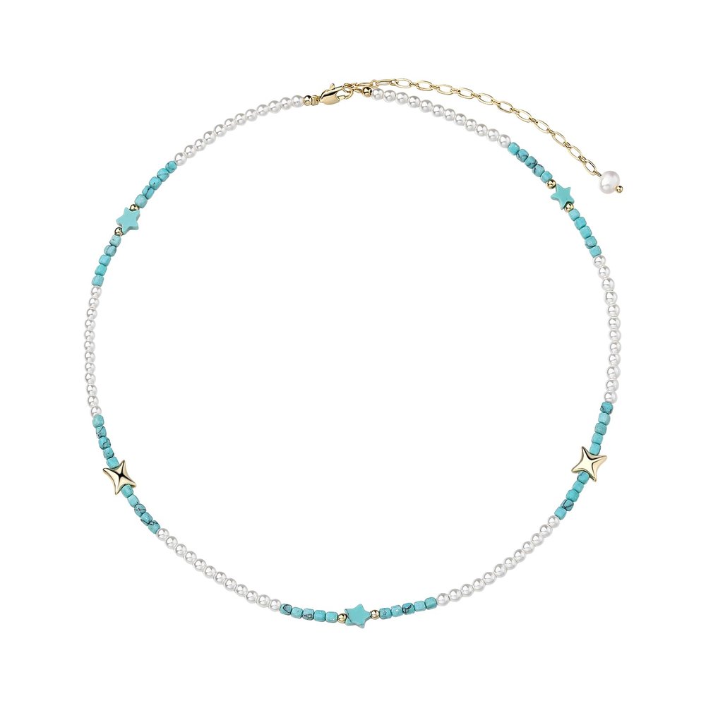 Fivoilin Pearl Necklace for Women, Dainty Turquoise Beaded Necklace, Handmade Tiny Pearl Choker Necklace Cute Trendy Summer Jewelry for Her