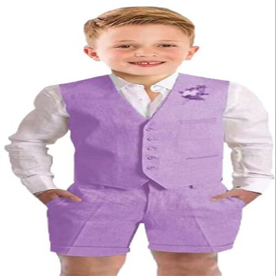 Boy's Linen Suit Formal Slim Fit Short Kids Suits for Boy 2 Piece Summer Lightweight Wedding Outfit Boys Vest Pants Set Purple Size 6