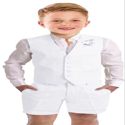 Szzmmer Boys Summer White Linen Suit Shorts Suit for Boys 2 Pieces Kids Formal Tuxedo Wedding Ringer Outfit Boys Vest Shorts Suit Size 5