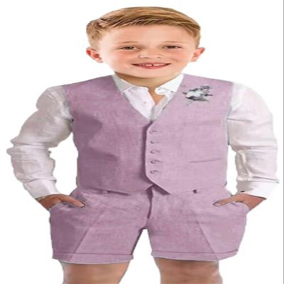 Szzmmer Kids Linen Suit Lavender Slim Fit Suits for Little Boys 2 Piece Tuxedo Summer Beach Wedding Outfit Lightweight Vest Shorts Set Size 7