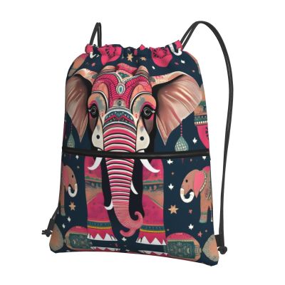 NOUZU Bohemian Elephant Pattern Print Sports Drawstring Backpack For Women With Zipper Pockets Lightweight Travel Gym Bag