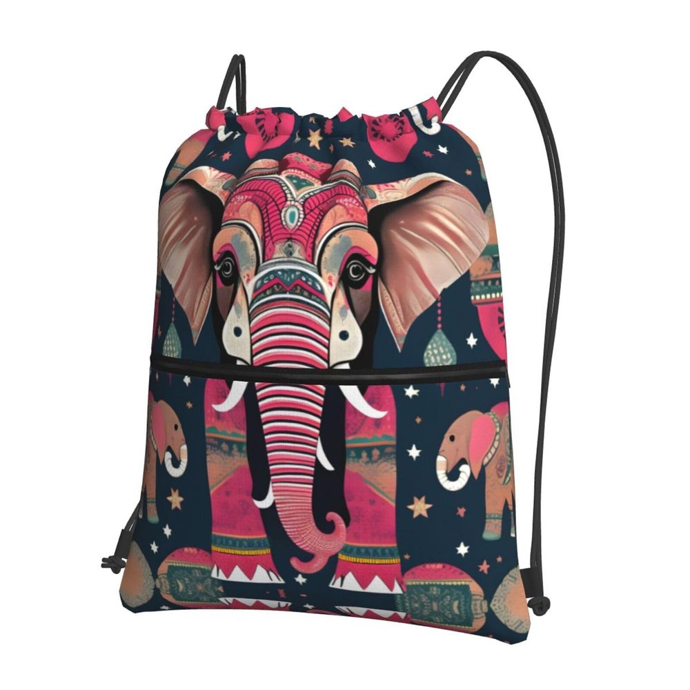 NOUZU Bohemian Elephant Pattern Print Sports Drawstring Backpack For Women With Zipper Pockets Lightweight Travel Gym Bag
