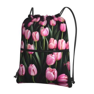 NOUZU Pinks And Tulips Print Sports Drawstring Backpack For Women With Zipper Pockets Lightweight Travel Gym Bag, Black