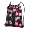 NOUZU Pinks And Tulips Print Sports Drawstring Backpack For Women With Zipper Pockets Lightweight Travel Gym Bag, Black view 1