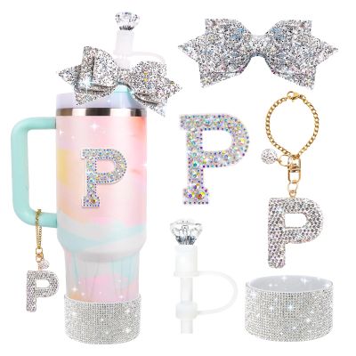 Lingdeer Water Bottle Accessories Set for Stanley Cup 30Oz 40Oz, Bling Letter Charms, Diamond Straw Cover, Glitter Silicone Boot, Personalized Sticker, Bow Straw Topper for Stanley Cup Accessories (P)