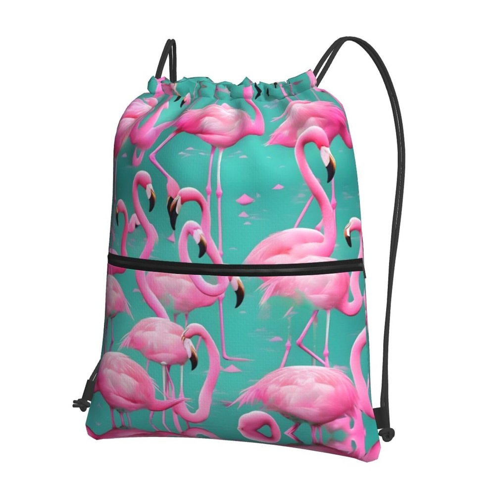 NOUZU Lovely Pinks Flamingos Print Sports Drawstring Backpack For Women With Zipper Pockets Lightweight Travel Gym Bag, Black