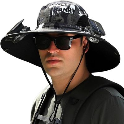 Outdoor Wide Brim Sun Hat with 2 Solar Fan Sun Bucket Hat for Men Women UPF 50+ Bucket Fishing & Beach Hat with Fan Built in (US, Alpha, Medium, XX-Large, Z-Khaki Camo)