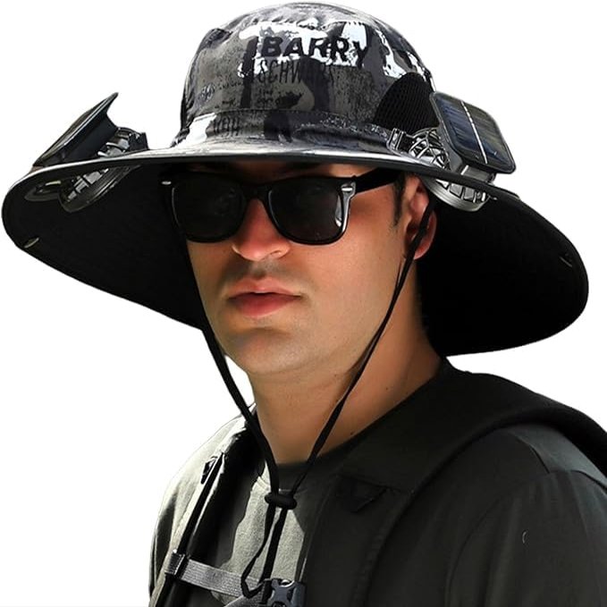 Outdoor Wide Brim Sun Hat with 2 Solar Fan Sun Bucket Hat for Men Women UPF 50+ Bucket Fishing & Beach Hat with Fan Built in (US, Alpha, Medium, XX-Large, Z-Khaki Camo)