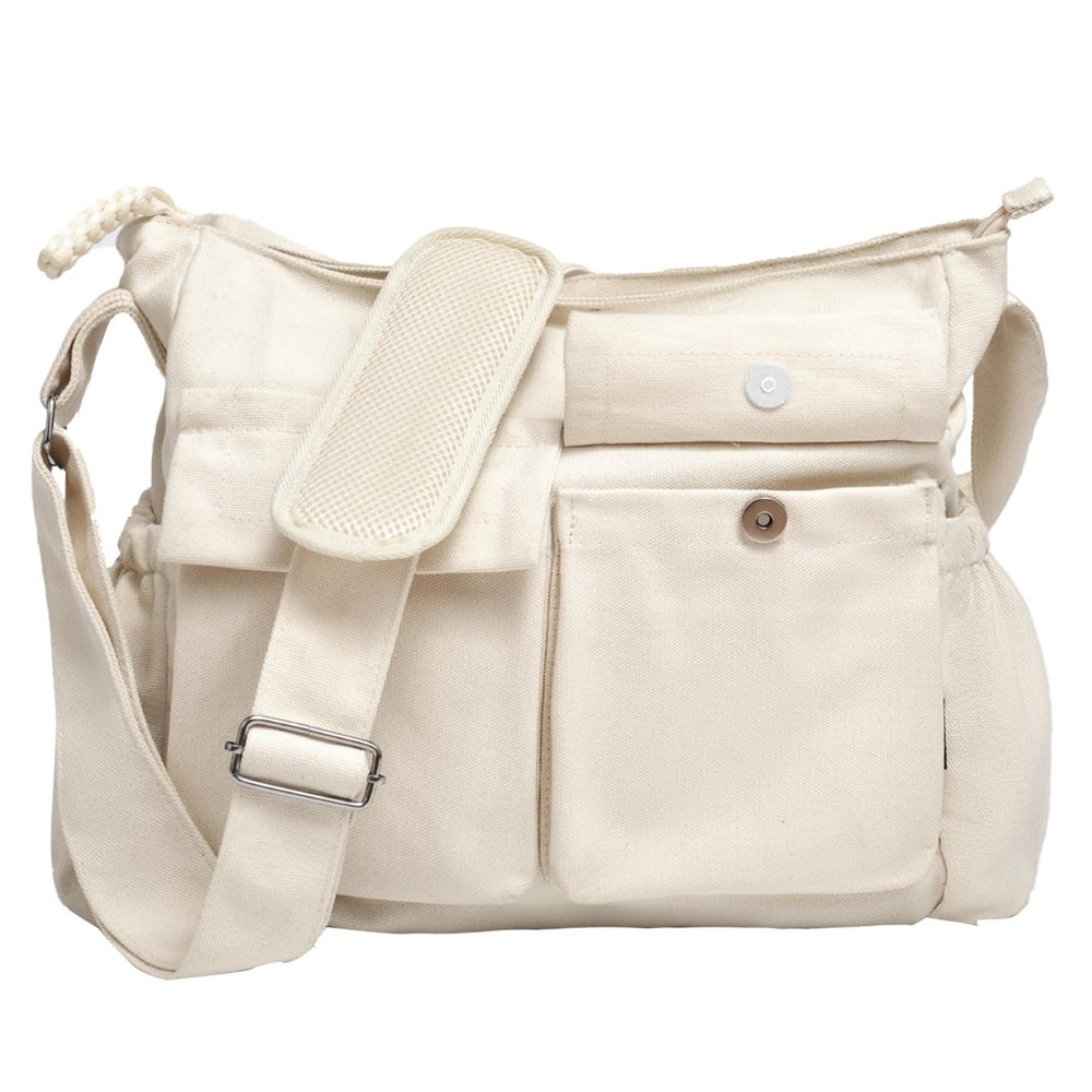High Density Canvas Messenger Bag for Men/Women, 15 Inch Crossbody Shoulder Bag, Large Tote Bag for College/Travel/Work Daily UseBeige