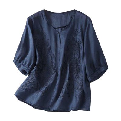 Women's Summer 3/4 Sleeve Cotton Linen Tops Vintage Mexican Embroidered Shirts Casual V Neck Boho Blouse Oversize Navy