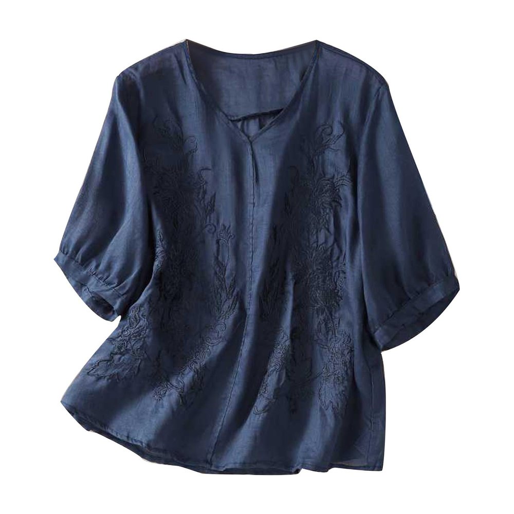 Women's Summer 3/4 Sleeve Cotton Linen Tops Vintage Mexican Embroidered Shirts Casual V Neck Boho Blouse Oversize Navy
