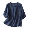 Women's Summer 3/4 Sleeve Cotton Linen Tops Vintage Mexican Embroidered Shirts Casual V Neck Boho Blouse Oversize Navy view 1